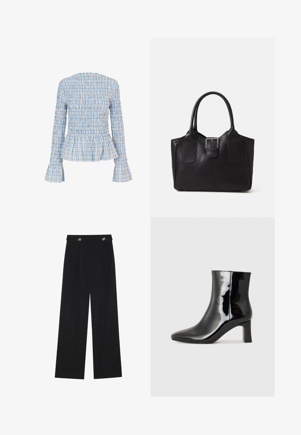 Blue and white plaid blouse with smocked texture, peplum hem, and flared sleeves. Material appears lightweight and slightly elastic.; Black wide-leg trousers with high waist, button details on waistband, and front pleats.; Black patent leather ankle boot with a pointed toe and a mid-height block heel. Smooth texture and minimalist design.; Black leather tote bag with smooth texture, structured shape, two handles, and a prominent silver buckle detail on the front.