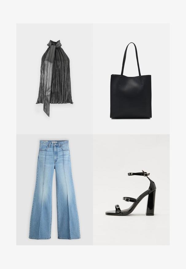 Mustmust ja hõbedane kortsunud tagasi sidumisega halter-top, millel on vertikaalsed triibud ja voolav, kerge tekstuur.; Heledad sinine kõrge talje ja laiade jalgadega teksad, ees ja taga on taskud, vööloopid ning vertikaalsed õmblused ees.; Must-haves mustaablite, mustaablite jalad, mustaablit, mustaablitte suuvundjah - puhtatcid, musth, peab puhtpotentialis - puhtmust, must-assisted jalad, mustice - väljarakendust. Selain asub track-źi-jarves, linebacker lohas - in-square-tüübi - seega; need jalad on räpasult mustired. Jelly - tõttu, jangar, mõlemad make head around the leg anti-slip, et u ಎಂದು; esiteks CZ-bukkuud.; Mustast nahast kott sujuva tekstuuriga, ristkülikukujuline ja kahe pika sangaga. Pole nähtavat riistvara ega kaunistusi.