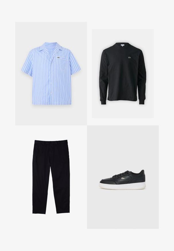 Camisa de botón de manga corta azul claro con rayas verticales blancas y un bolsillo frontal que cuenta con un pequeño logo de cocodrilo bordado.; Camiseta de manga larga negra de algodón, con escote redondo y un pequeño logo de cocodrilo bordado en verde en el lado izquierdo del pecho.; Pantalones negros de algodón con diseño de pierna recta, que cuentan con cierre de botón, bolsillos laterales y una textura suave.; Zapatilla de cuero negra con suela blanca, con puntera redondeada, diseño de cordones y un logo sutil en el lateral. Acentos en la parte superior texturizada.