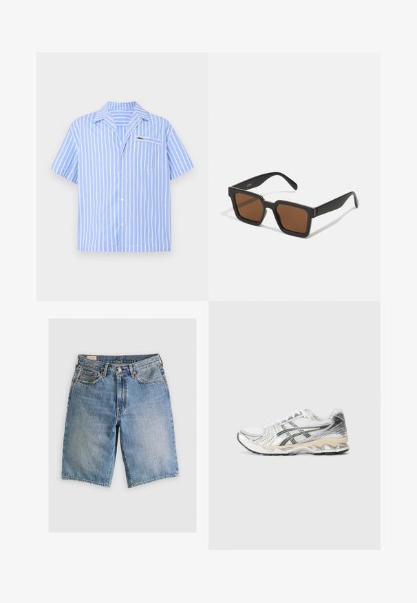 Lichtblauw overhemdd met korte mouwen, met witte verticale strepen en een voorzak met een klein geborduurd krokodillenlogo.; Leren denim shorts in lichtblauw met een klassieke snit. Bevat vijf zakken, oranje stikselaccenten en ruwe zoomranden.; Witte sportieve schoen met zilveren en zwarte accenten, bovenwerk van mesh, textuurdesign, gevoerde zool en een flexibele looppatroon.; Zwarte vierkante zonnebril met bruine lenzen, met een matte afwerking en gouden accenten op het montuur. Het ontwerp is hoekig met brede pootjes.