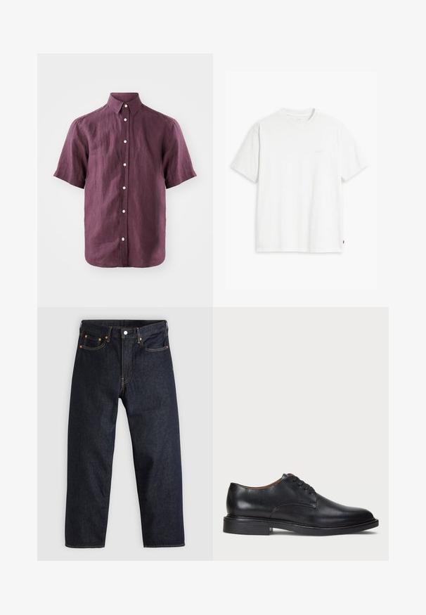 Košulja kratkih rukava s dugmadi, u tamnoljubičastoj lanenoj tkanini s klasičnom kragnom i bijelim dugmadi, prikazuje teksturiranu tkaninu.; Bijela pamučna majica kratkih rukava, s okruglim izrezom i suptilnim "Levi's" logotipom u svijetloj boji na prednjoj strani.; Tamno plave traperice ravnog kroja, s pet džepova, kontrastnim narančastim šavovima i dugmetom za zatvaranje. Nema vidljivih uzoraka ili ukrasa.; Crne kožne cipele s okruglim vrhom, vezanjem i niskim stogom. Glatka tekstura s minimalnim šavovima.