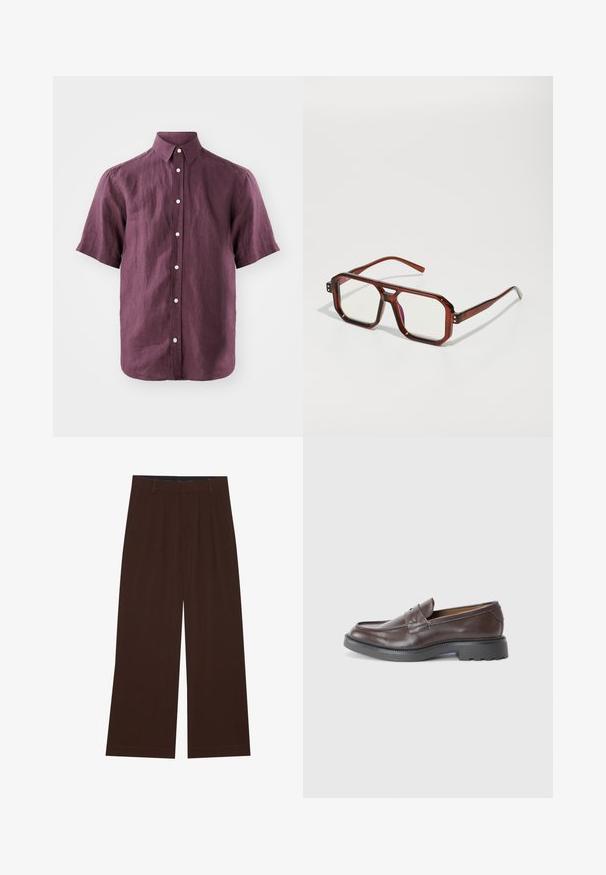 Kratke rukave, košulja na dugme v temno vijolični lan s klasičnim ovratnikom in belimi gumbi, ki prikazuje teksturirano tkanino.; Rjave široke hlače s plisami. Narejene iz gladkega materiala, s prilagojenim pasom in stranskimi žepi. Ravna obroba na dnu.; Rjavi usnjeni loafersi z gladko površino, okroglo konico, minimalnim šivom in debelim črnim gumijastim podplatom. Brez vidnih kovinskih delov ali naglasi.; Rjavi prozorni preko velikh naočala s pravokutnim lećama i tankim okovima. Kutni, blago zaobljeni rubovi i vidljivi hardverski detalji.; Srebrna verižica z дебелыми povezavami in osrednjim krožnim obeskom z zapletenim detajliranjem. Gladka, odsevna površina kovine.
