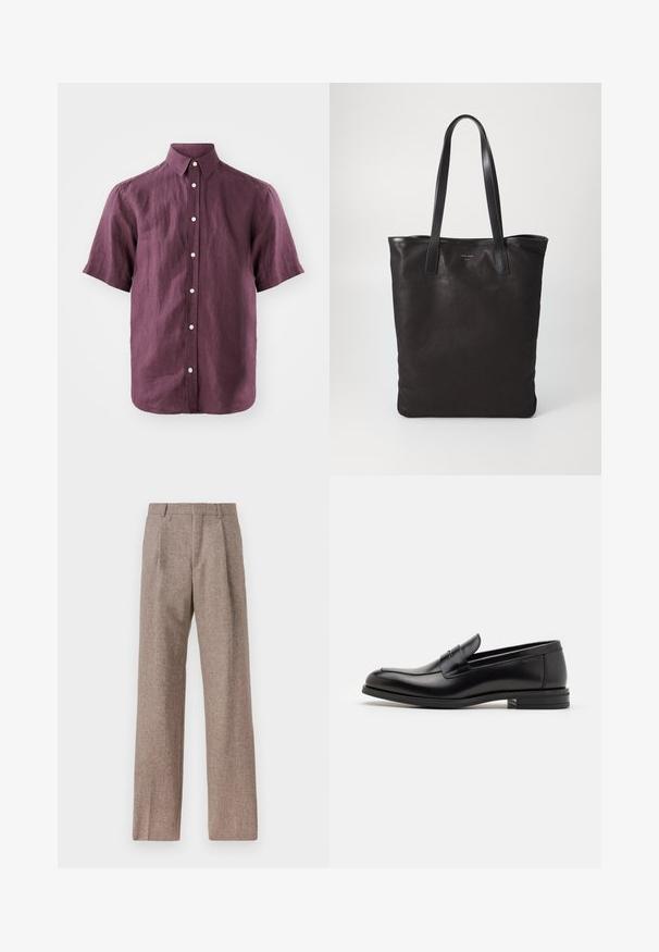 Korte mouwen, button-up shirt van donkerpaarse linnen met een klassieke kraag en witte knopen, die een gestructureerde stof toont.; Bruine, hooggewaisted broeken van een gestructureerde stof. Heeft wijde benen en twee voorplooien voor extra structuur. Net afgewerkt zonder zichtbare hardware.; Zwarte leren instappers met een gladde textuur, ronde neus en een decoratieve band over de wreef. Lage, gestapelde hak en minimalistisch ontwerp.; Zwarte canvas schoudertas met zwarte leren handvaten. Eenvoudig ontwerp, ruime body en een gladde textuur. Geen zichtbare logo's of patronen.