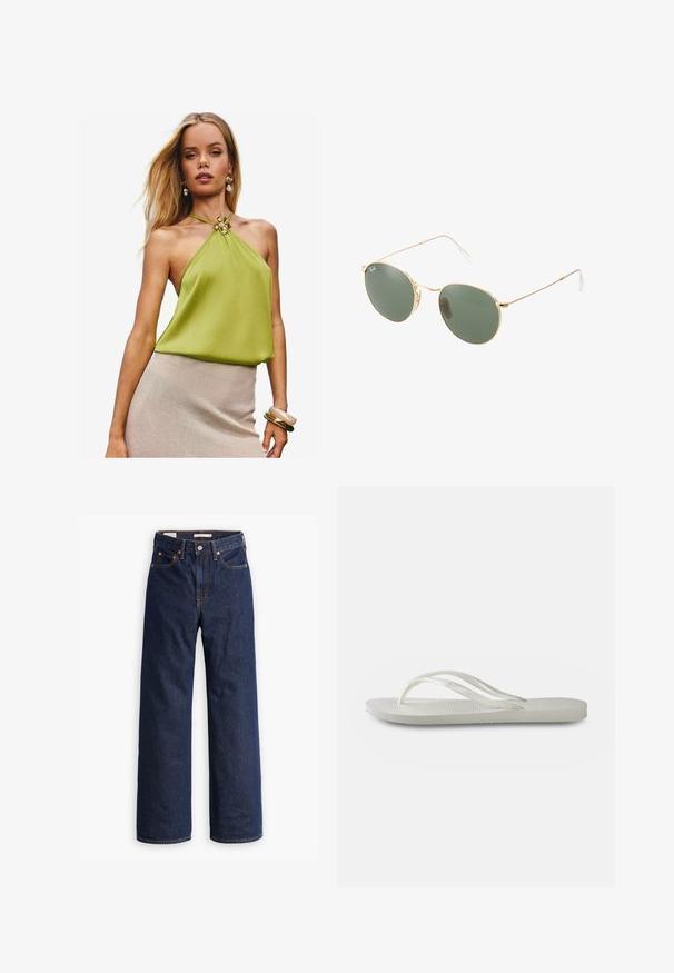 Roheline halterneck tops, millel on plekkide tekstuur ja kuldne lilleaktsent kaeluses. Kantud beeži tekstuuriga seeliku ja kuhjatavate käevõrudega.; Tumedatest sinised sirge lõikega teksased viie taskuga, oranžid õmblused ja nööbiga sulgemine.; Valged plätud tekstureeritud tallaga, õhukeste rihmade ja lameda disainiga. Valmistatud kummist, jalaosa peal on diskreetne logo.; Kuldne metallraamiga prillid roheliste läätsedega, ümmargune kuju, peened käepidemed ja valged plastaktsendid käeotstes.; Roosa kuldne kaelakee, millel on luigependant, kaunistatud selgete kristallidega. Ketil on peen linkide disain.