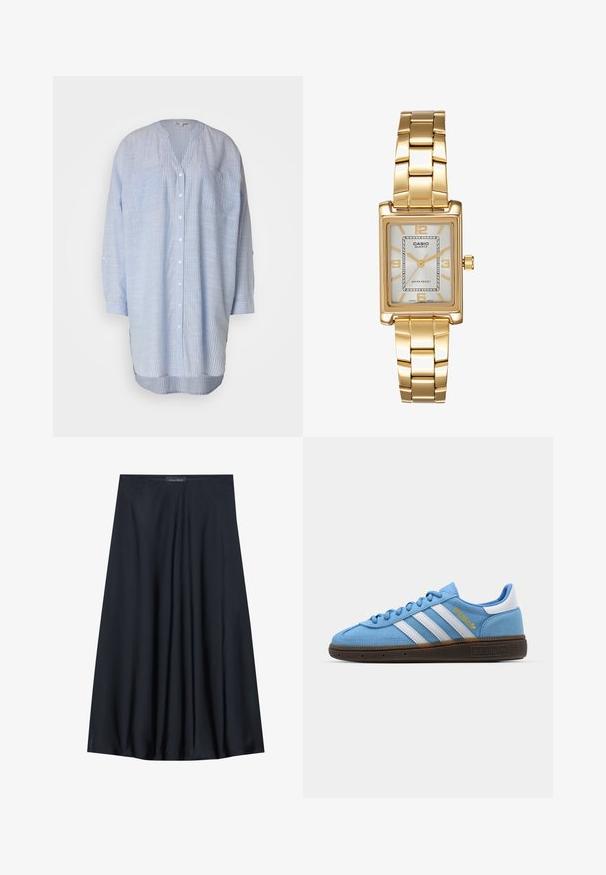 Vaaleansininen raidoitettu nappikauluspaita, jossa on V-pääntie, pitkät hihat, kaksi rintataskua ja kaareva helma. Valmistettu kevyestä kankaasta.; Mustat, polvipituiset hameet, jotka on valmistettu kevyestä kankaasta ja joissa on läpikuultava muotoilu. Ominaisuuksina sileä tekstuuri ja hienovaraiset laskokset lisäyksinä.; Vaaleansiniset mokkasiinit, joissa on valkoiset nahkastripit, ruskea teksturoitu pohja ja kultainen logotiedote. Matala malli, jossa on pyöreä kärki.; Kulta-tone suorakulmainen rannekello, jossa on valkoinen kellotaulu, hopeanväriset tuntimerkit ja kestävä metallinen linkkiranneke. Mukana vedenkestävyysominaisuus.