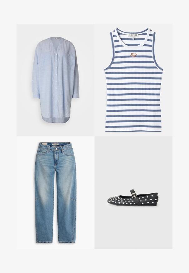 Hele sinine triibuline särgiga, millel on V-kaelus, pikad varrukad, kaks rinna taskut ja kõver hem. Valmistatud kergest kangast.; Ribitud tank top, millel vahelduvad sinine ja valge kangas. Kujundusel on rindkere piirkonnas väike pruun logo ja sinine ääris kaelas.; Hele sinine teksapüksid, mis on lahtise lõikega, sirge sääreosaga, nööpidega esil, viie taskuga, millel on õrnad pleekimis- ja õmblusdetailid.; Must musta lameedega king, millel on ümmargune ninapuu, hõbedased nööbid punktide mustriga ja rihm üle jala.