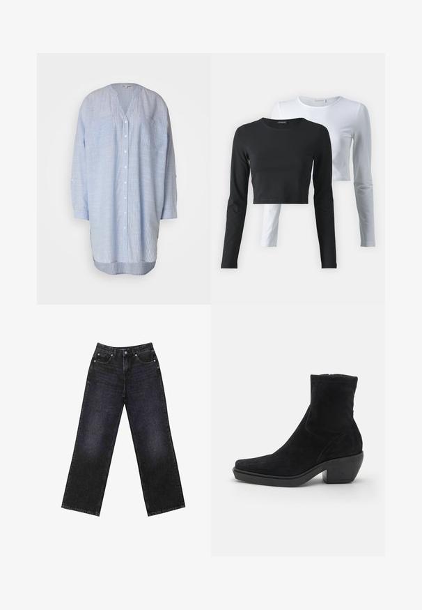 Camicia a righe blu chiaro con scollo a V, maniche lunghe, due tasche sul petto e orlo curvo. Realizzata in un tessuto leggero.; Due magliette a maniche lunghe, una nera e una bianca, realizzate in morbido cotone, con scollature rotonde e un design cropped.; Jeans in denim neri a vita alta con un taglio a gamba larga, design a cinque tasche e cuciture visibili. Il tessuto ha una finitura liscia e leggermente tessurizzata.; Stivaletto in suede nero con design a punta quadrata, tacco basso a blocco e texture liscia. Presenta una parte superiore attillata e dettagli di cucitura minimi.