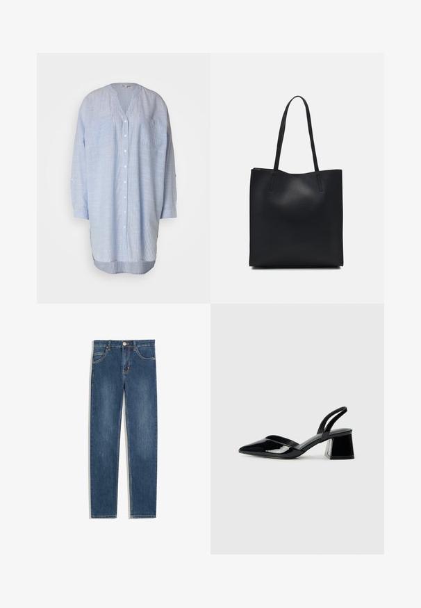 Világoskék csíkos, gombos ing V-nyakkal, hosszú ujjakkal, két mellzsebbel és ívelt aljjal. Könnyű anyagból készült.; Sötétkék farmernadrág egyenes szabással, öt zsebbel, finom varrási részletekkel és fém gombbal a deréknál.; Fekete lakk bőr szandálkés magas sarkú cipő, hegyes orral és geometrikus tömbsarkakkal. Karcsú, minimalista dizájn és sima textúra jellemzi.; Fekete bőrtáska sima felszínnel, téglalap alakú, két hosszú füllel. Nincs látható fémkiegészítő vagy díszítés.