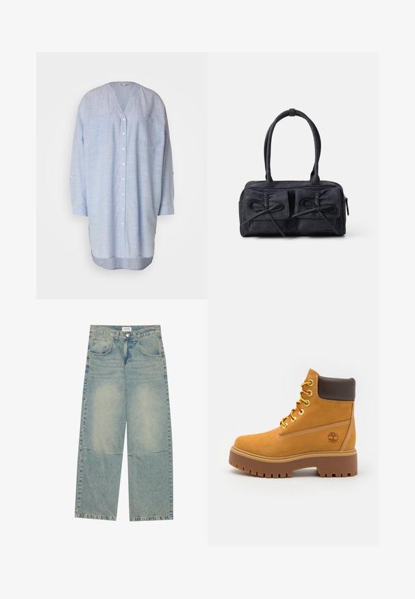 Camisa de botones a rayas azul claro con escote en V, mangas largas, dos bolsillos en el pecho y dobladillo curvado. Fabricada en una tela ligera.; Jeans de pierna ancha en azul claro, hechos de denim, con dos bolsillos frontales, cierre de botón y un lavado desgastado con costuras visibles.; Botín impermeable color marrón claro con una suela de goma robusta, punta redonda, cuello de cuero marrón, cordones amarillos y un logo en el lateral.; Bolso de tela negra con dos bolsillos frontales que presentan detalles de lazo, asas dobles y cierre de cremallera. Textura suave y forma rectangular.
