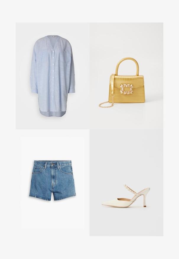 Hele sinine triibuline särgiga, millel on V-kaelus, pikad varrukad, kaks rinna taskut ja kõver hem. Valmistatud kergest kangast.; Heledad teksapüksid helesinisena, millel on viis taskut, tõmblukk ja nööpkinnitus. Varrukad on lõdvenenud ja servad on kulunud.; Steve Madden BRECKI - Kontsaga tagant lahtised kingad - ivory; Kollane faux-krokodilli käsipindaga kott, millel on struktureeritud disain, ülemine käepide, eemaldatav kettmass ja dekoratiivne kristallkaunistus klambril.