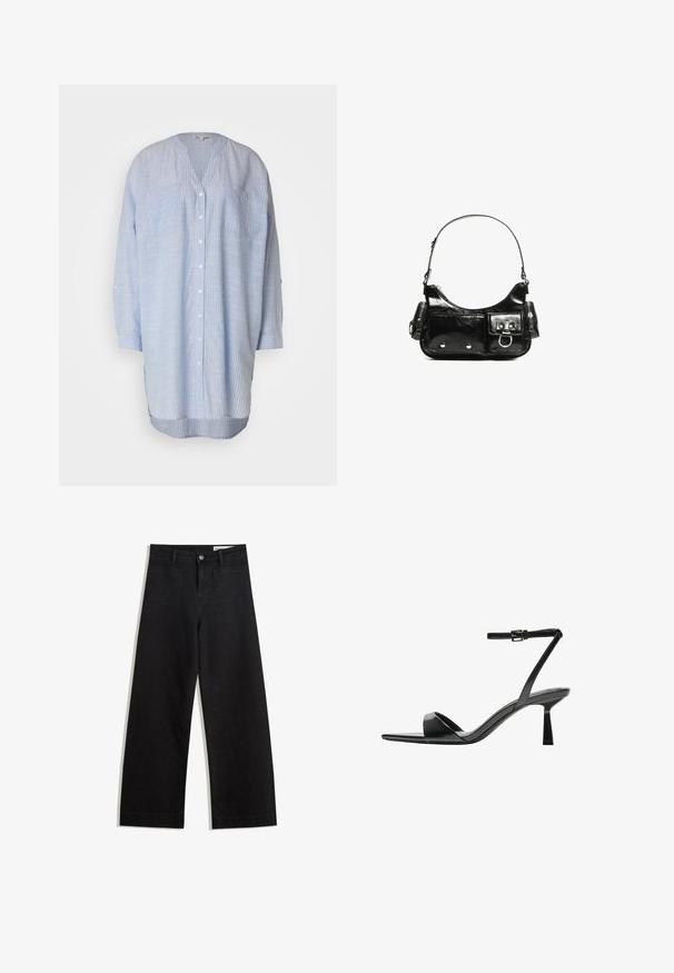 Cămașă cu dungi albastre deschise, cu guler în V, mâneci lungi, două buzunare pe piept și hem curbat. Fabricată dintr-un material ușor.; Pantaloni din denim negri cu picioare largi, cu talie înaltă, având buzunare frontale și posterioare, cusături dublate și închidere cu nasture. Textură netedă.; Bershka Sandale cu toc - black; Geantă de mână din piele lăcuită neagră, cu o formă curbată, un umăr, buzunare frontale și accente din metal argintiu.