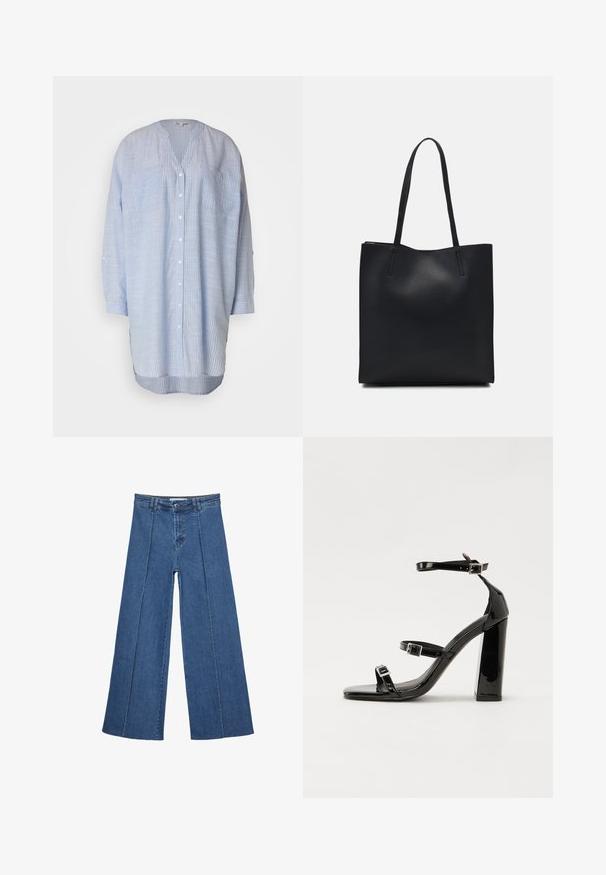 Jasnoniebieska koszula z długim rękawem w paski, z dekoltem w serek, dwoma kieszeniami na piersi i zaokrąglonym dołem. Wykonana z lekkiego materiału.; Jeans typu wide-leg w średnim niebieskim kolorze, z wysokim stanem, zapięciem na guziki oraz kontrastowymi szwami pionowymi z przodu.; Czarne lakierowane sandały na obcasie z kwadratowym noskiem, z paskami wokół kostki i srebrnymi klamrami. Posiadają masywny słupek dla stabilności.; Czarna skórzana torba tote o gładkiej fakturze, prostokątnym kształcie i dwóch długich uchwytach. Brak widocznych elementów metalowych i ozdób.