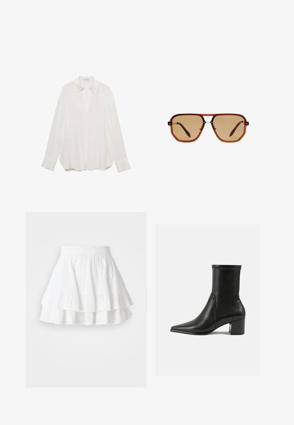 White long-sleeve button-up shirt made from lightweight fabric, featuring a classic collar, rounded hem, and buttoned cuffs.; White tiered skirt made of lightweight fabric with eyelet pattern and ruffled hem. Features an elastic waistband for comfort.; Black ankle boot made of smooth leather, featuring a pointed toe, a block heel, and distinct raised stitching at the top edge.; Brown octagonal sunglasses with a transparent amber frame and brown-tinted lenses. Features a metal accent at the bridge and slender temples.; Brown suede tote bag with dual handles, a button closure strap, and a relaxed, slightly slouchy shape.