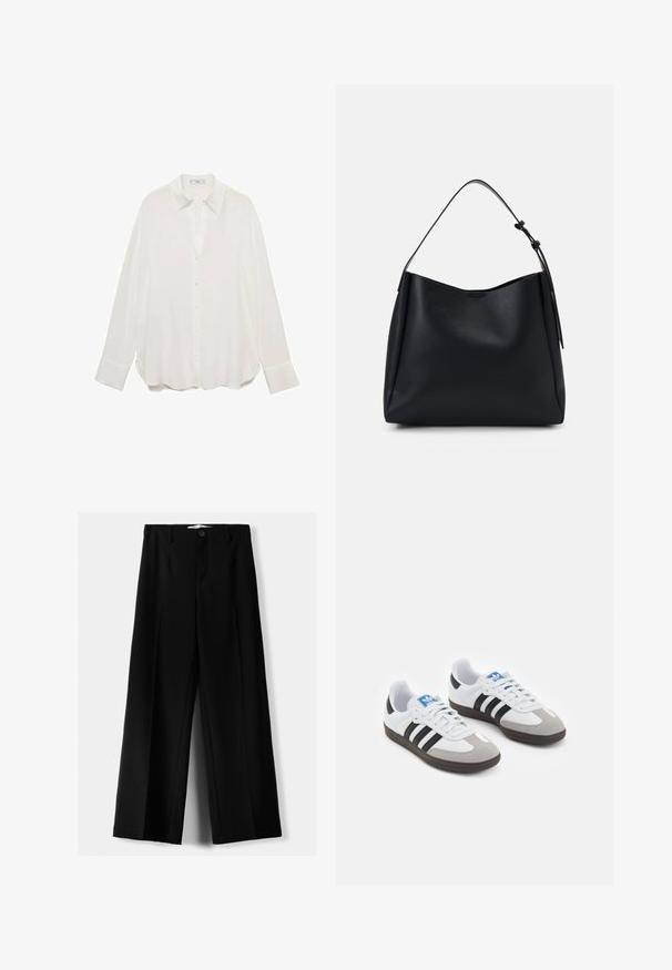 Camicia bianca a maniche lunghe con bottoni realizzata in tessuto leggero, caratterizzata da un colletto classico, orlo arrotondato e polsini con bottoni.; Pantaloni neri a gamba larga realizzati in tessuto leggero, caratterizzati da una chiusura frontale con bottone e frontale piatto, con orli cuciti con precisione.; Scarpe sportive con tomaia in pelle bianca, punta in suede grigia e tre strisce nere. Presentano un logo blu sulla linguetta e una suola in gomma testurizzata.; Borsa hobo in pelle nera con una sola tracolla, texture liscia, parte superiore affusolata e design minimalista senza hardware visibile.