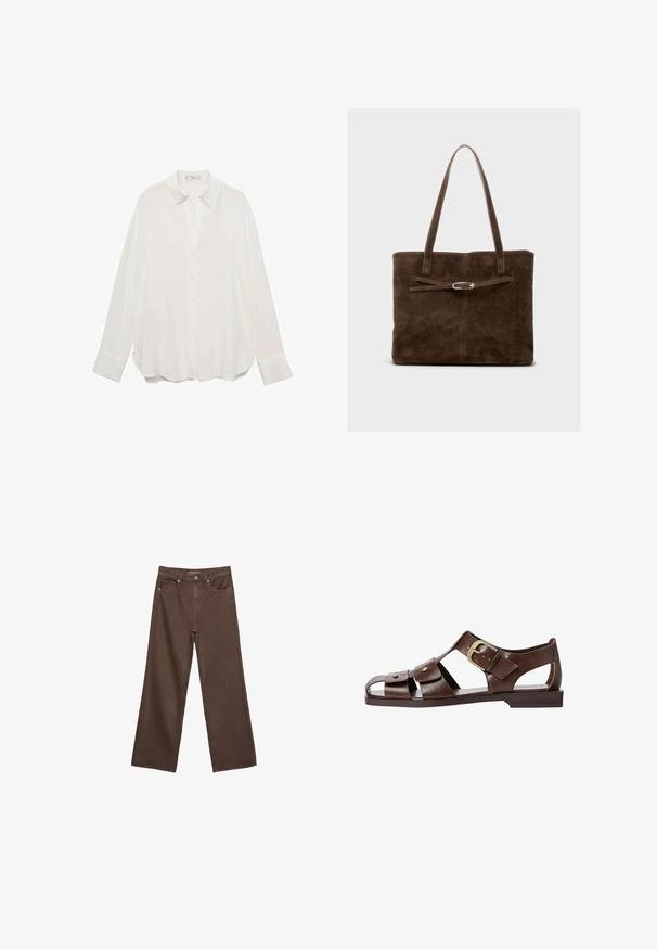Bela srajca z dolgimi rokavi in gumbi, izdelana iz lahkega materiala, z klasičnim ovratnikom, zaobljenim robom in zaprtimi manšetami.; Široke rjave kavbojke iz denima, ki imajo visok pas, sprednje žepe in klasično zapiranje na gumb. Gladka tekstura s subtilnim šivom.; Rjave usnjene sandale z izrezljanim dizajnom, nastavljivim stranskim sponko in ravnim podplatom, dekorirane z kovinskimi detajli in odprtim prstom.; Rjava semiš torba z dolgimi ročaji, ki ima ravno telo in dekorativni trak z okrasnim srebrnim dodatkom.
