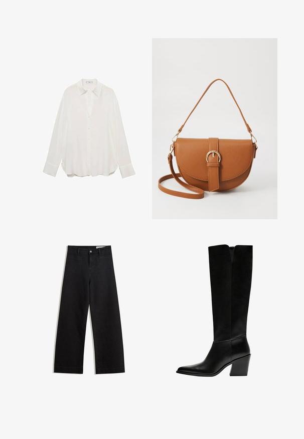 Weißes Langarmhemd mit Knopfleiste aus leichtem Stoff, mit klassischem Kragen, abgerundetem Saum und geknöpften Manschetten.; Schwarze weit geschnittene Jeans mit hoher Taille, ausgestattet mit Vorder- und Hintertaschen, gesteppten Nähten und einem Knopfverschluss. Glatte Textur.; Schwarze kniehohe Stiefel aus glattem Leder, mit spitzem Schuhbund, einem Blockabsatz und einem V-förmigen Ausschnitt an der Oberseite.; Braune Leder-Crossbody-Tasche mit geschwungener Form, goldfarbenen Beschlägen und einer Schnallenakzentuierung. Verfügt über einen abnehmbaren Schultergurt.