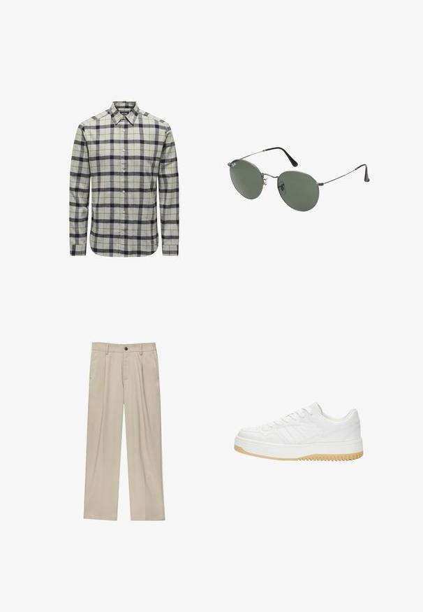Chemise à boutons de couleur gris clair avec un motif vichy bleu marine et marron, dotée de longues manches, d'un col pointu et de détails en bouton.; T-shirt en coton blanc à manches courtes, col rond et coupe décontractée. Texture lisse sans motifs ou accents visibles.; Pantalon beige à coupe droite, doté d'un seul bouton noir, de passants de ceinture et de poches latérales. Texture de tissu lisse et design minimaliste.; Baskets blanches en cuir avec une finition texturée, dotées d'une semelle en caoutchouc, d'un design à lacets et de accents de rayures subtils sur les côtés.; Lunettes de soleil en métal avec des verres ovales verts. Monture en métal argenté mince et embouts d'oreille noirs. Design minimaliste, sans logos visibles.