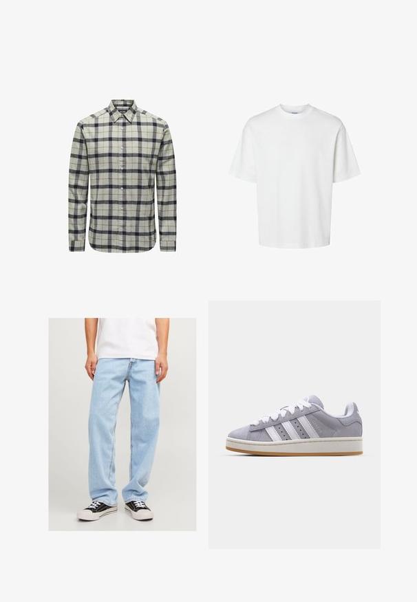 Chemise à boutons de couleur gris clair avec un motif vichy bleu marine et marron, dotée de longues manches, d'un col pointu et de détails en bouton.; T-shirt en coton blanc à manches courtes, col rond et coupe décontractée. Texture lisse sans motifs ou accents visibles.; Jean en denim bleu clair avec une coupe décontractée, affichant un design à jambe droite et des coutures standard, associé à des baskets noires.; Baskets en suède gris avec des rayures blanches, bout rond et semelle en caoutchouc. Présente des perforations sur le côté et une languette de talon texturée.