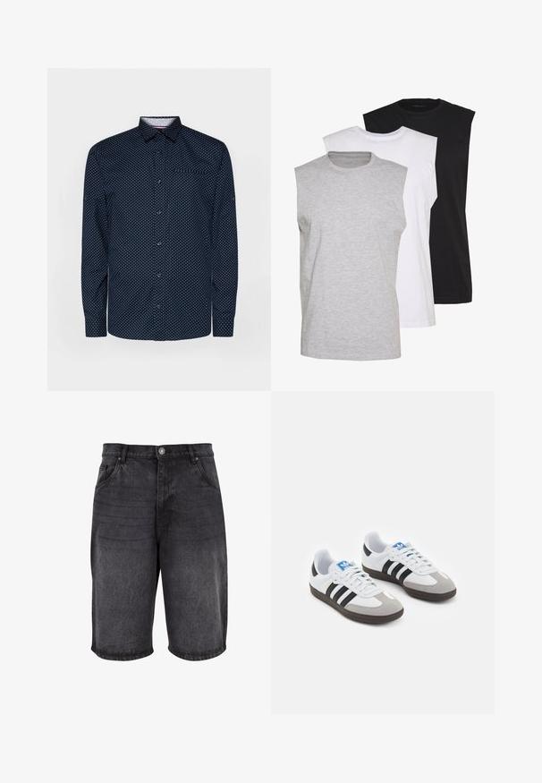 Marineblå skjorte med knapper og lange ermer, hvite prikker, krage og brystlomme; laget av glatt stoff med en lett glans.; Tre sleeveless t-skjorter i grått, hvitt og svart. Mykt bomullsmateriale med rund hals og avslappet passform. Enkel design, uten mønstre.; Svarte denimshorts med avslappet passform, fem lommer og knappelukking. Stoffet har en glatt tekstur med subtil fading.; Sportssko med en hvit skinnoverdel, grå semsket tå og tre svarte striper. Har en blå logo på tungen og en teksturert gummisåle.