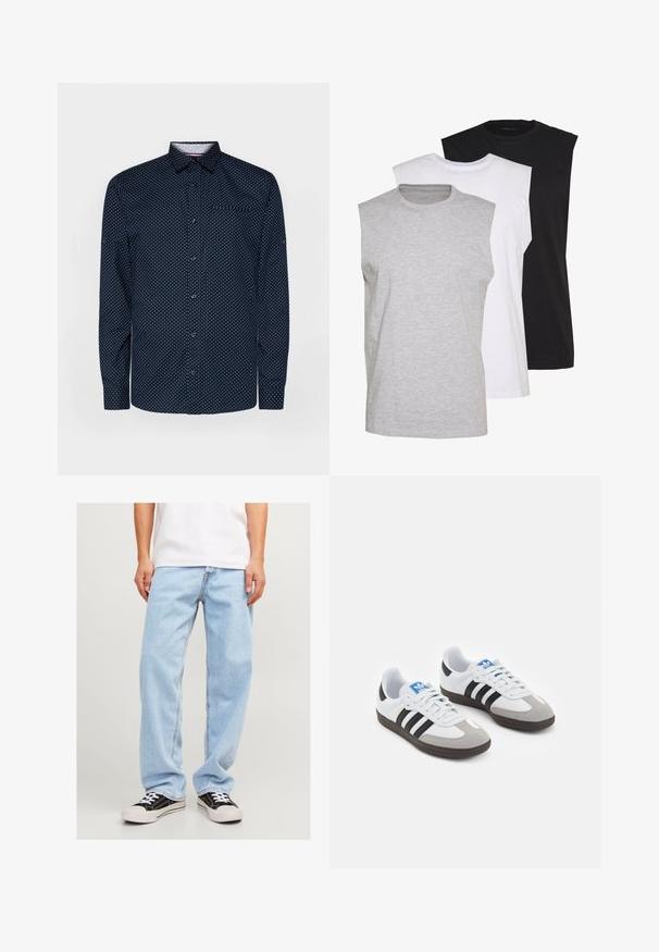 Námořnicky modrá košela na knoflíky s dlouhými rukávy, bílými puntíky, límečkem a kapsou na hrudi; vyrobená z hladké látky s mírným leskem.; Tričko bez rukávov v šedé, bílé a černé barvě. Měkký bavlněný materiál s kulatým výstřihem a volným střihem. Jednoduchý design, bez vzorů.; Svetlomodré džínsy s uvoľneným strihom, so straitpno nohou a štandardným prešívaním, skombinované s čiernymi teniskami.; Športové topánky s bielym koženým zvrškom, šedou semišovou špičkou a tromi čiernymi pruhmi. Obsahujú modré logo na jazyku a štruktúrovanú gumovú podrážku.