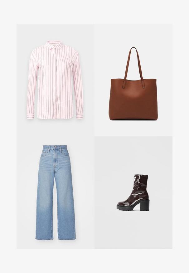 Šviesiai rožinė marškinėliai su vertikaliomis bordo juostelėmis, ilgomis rankovėmis, mygtukų užsegimu priekyje ir klasikinio kirpimo apykakle. Lygi medžiaga ir prigludęs dizainas.; Šviesiai mėlynos aukšto liemens plačios kojos džinsai su priekiniais užtrauktukais ir sagom, priekinėmis ir galinėmis kišenėmis, ant baltos fono.; Blizgus burgundių spalvos kulknapis su tankiu juodu kulnu, pasižymintis lygiu paviršiumi ir paprastu dizainu. Nėra matomų užsegimų ar raštų.; Ruda odinė priekabų krepšys su glotnia tekstūra, atviru viršumi ir dviem petnešomis. Su minimalia siuvimo detalėmis ir nematoma aparatūra.