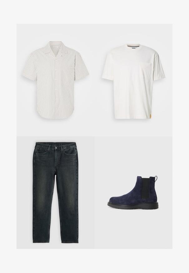 Camicia a maniche corte con bottoni di un leggero beige, caratterizzata da strisce verticali scure, dotata di taschino sul petto e colletto classico.; T-shirt bianca in cotone con scollo rotondo, maniche corte e taschino sul lato sinistro del petto. Presenta un piccolo logo su un lato della cucitura.; Jeans in denim blu scuro con taglio dritto, dotati di cinque tasche, chiusura con zip e cuciture a contrasto. Leggera scoloritura sul tessuto.; Stivale Chelsea in suede blu navy con pannelli laterali elasticizzati e un linguetta. Suola in gomma nera con finitura testurizzata per grip e durata.