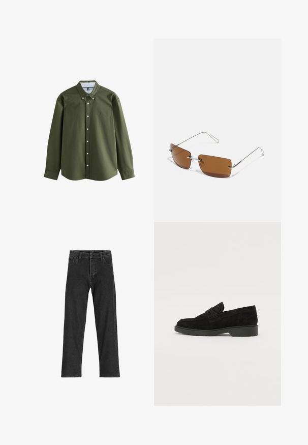 Camicia a maniche lunghe verde oliva con colletto a pulsante, bottoni frontali e un piccolo logo ricamato. Tessuto morbido con design strutturato.; Jeans in denim nero con un design a gamba dritta, dotati di zip, passanti per cintura e sei tasche, realizzati in un resistente tessuto misto cotone.; Mocassini in suede neri con tacco basso, dotati di una semplice fascia sulla parte superiore e dettagli testurizzati lungo i lati.; Occhiali da sole rettangolari marroni con sottili montature in metallo argentato e supporti per il ponte nasale. Le lenti sono piatte e leggermente colorate.