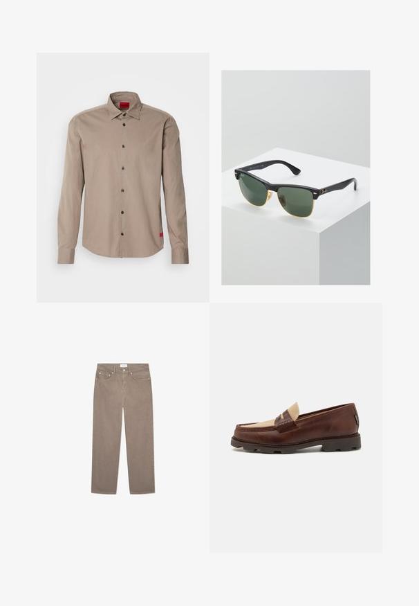 Košile s dlouhým rukávem ve světle hnědé barvě z bavlny, s límečkem se zapínáním na knoflíky, černými knoflíky a malou červenou štítkem na spodním okraji.; Bílý bavlněný top na ramínka s kulatým výstřihem, širokými ramínky a rovním lemem, s hladkou texturou a bez viditelných vzorů.; Hnědé džíny rovného střihu s five-pocket designem, kovovým hardwaru a hladkou texturou. Tkanina má jemný, rovnoměrný vzor.; Hnědé kožené mokasíny s taupe plátěným akcentem, prošívanými detaily a texturovanou gumovou podrážkou navrženou pro pohodlí a odolnost.; Sluneční brýle Ray-Ban se zelenými skly, černými plastovými rámy a zlatými akcenty na okrajích. Čtvercový tvar s matným povrchem.