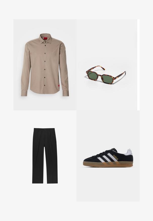 Lange mouwen shirt in lichtbruin katoen met een button-down kraag, zwarte knopen en een klein rood logo-label aan de zoom.; Zwarte broeken met een recht model, gemaakt van een gladde stof. Voorzien van een voorplooien en een enkele knoopsluiting bij de taille.; Zwarte suède sneaker met witte strepen, beige rubberen zool en gouden "Gazelle" logo. Klassiek low-top ontwerp, met een textuur bovenlaag.; Tortoiseshell zonnebrillen met groene glazen, met een octagonaal formaat en slanke, gebogen armen. Materiaal heeft een glanzende afwerking.