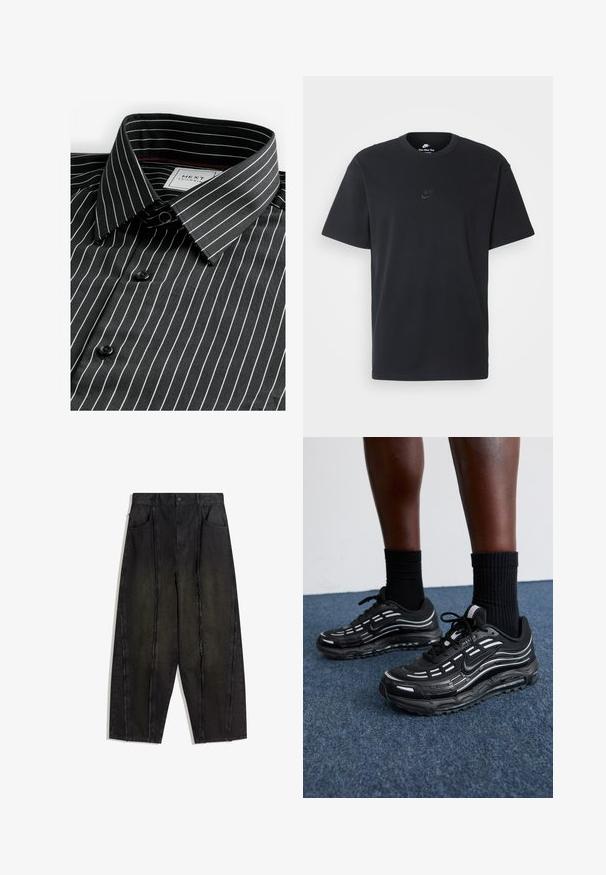 Next REGULAR FIT WITH FINISH - Hemd - black white stripe; Schwarzes Baumwoll-T-Shirt von Nike mit klassischem Rundhalsausschnitt, kurzen Ärmeln und einem dezenten, geprägten Logo auf der Brust. Glatte Textur.; Schwarze weit geschnittene Jeanshose mit sichtbaren Nähten und fransigen Kanten, ausgestattet mit zwei vorderen Taschen und einem hoch geschnittenen Design.; Schwarze Nike-Schuhe verfügen über ein Obermaterial aus Mesh mit Akzentstreifen, strukturiertem Schnürsystem und einer schwarzen Gummisohle. Getragen mit schwarzen, gerippten Socken.