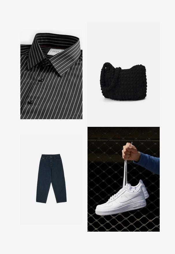 Next REGULAR FIT WITH FINISH - Camicia - black white stripe; Jeans a vita alta blu scuro con una vestibilità rilassata, dotati di cinque tasche e chiusura con bottone. Realizzati in denim con una texture liscia.; Sneakers in pelle bianca con perforazioni, punta rotonda, suola piatta e lacci spessi, con logo swoosh visibile e "AIR" sul tallone.; Borsa in tessuto nero con un motivo trapuntato e texture. Forma arrotondata, manici corti e spessi, e una struttura morbida e flessibile.