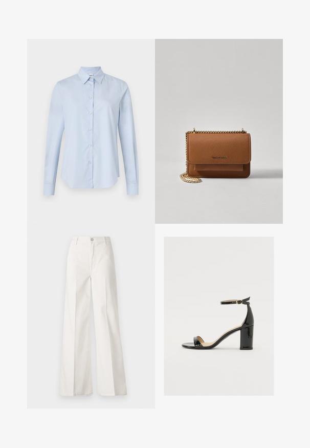 ASPESI CAMICIA - Camicia - sky blue; Pantaloni bianchi a gamba larga realizzati in cotone con una texture liscia. Presentano un bottone anteriore, una zip e un design a quattro tasche.; Sandalo in vernice nera con tacco largo, punta aperta e cinturino alla caviglia con fibbia dorata. Texture liscia e design elegante.; Borsa a tracolla in pelle marrone con texture, dotata di catena dorata e chiusura a pattina. Sul davanti presenta un dettaglio con logo e una tasca sotto la pattina.