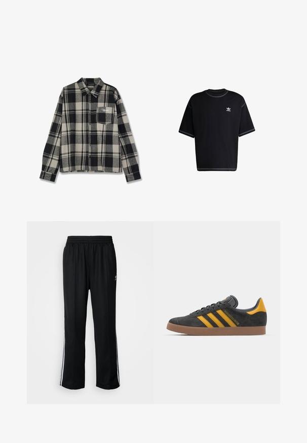 Czarna i kremowa koszula flanelowa w kratę z długimi rękawami, z zapięciem na guziki, pojedynczą kieszenią na piersi oraz subtelnym haftem logo na kieszeni.; Czarna bawełniana koszulka z krótkim rękawem. Posiada okrągły dekolt oraz białe akcenty ściegów. Małe białe logo Adidas na lewej piersi.; Czarne sportowe spodnie z elastycznym paskiem w talii, z białymi paskami po bokach i małym logo. Materiał wydaje się miękki i lekki.; Czarne zamszowe sneakersy z żółtymi akcentami, z trzema paskami i brązową gumową podeszwą. Posiadają wyściełany język dla większego komfortu.