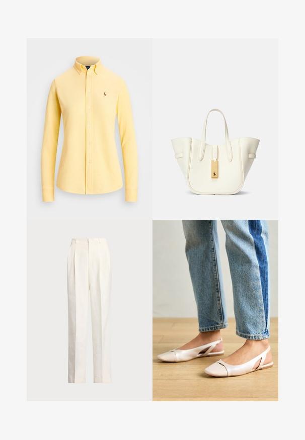 Camisa amarilla de manga larga hecha de algodón suave, con cuello abotonado, tapeta completa de botones y pequeño logo bordado en el pecho.; Polo Ralph Lauren HEMP WIDE LEG PANT - Pantalones - nevis; Bailarinas de color rosa pálido con tiras traseras y punta puntiaguda, fabricadas con un material similar al cuero suave. Presentan detalles recortados en los laterales y un tacón plano.; Bolso de tote de cuero blanco con forma estructurada, costuras prominentes, etiqueta de hardware dorado y asas dobles. Superficie texturizada con bolsillos laterales.