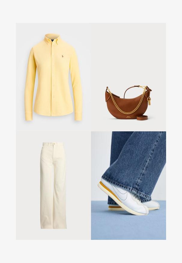Camisa amarela de mangas longas, feita de algodão suave, com colarinho tipo polo, fecho com botões completo e pequeno logótipo bordado no peito.; Polo Ralph Lauren COTTON CORDUROY WIDE-LEG PANT - Calças - warm white; Tênis brancos de couro com detalhes amarelos, bico arredondado e sola de borracha texturizada, combinados com calças flare de denim azul escuro.; Bolsa de mão de couro castanho com um design curvado, alça de corrente dourada, bolso interior e uma alça de ombro destacável. Apresenta costura em contraste.