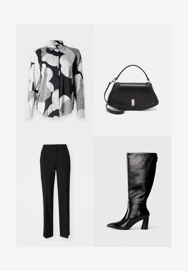 Marimekko MAIJA UNIKKO - Cămașă - black/white; Pantaloni negri tailor-ed cu un design drept, având o textură fină și cute clare pe față. Fără elemente de prindere vizibile.; Cizme negre din piele până la genunchi, cu vârf ascuțit, textură netedă și toc robust. Include un detaliu cu fermoar la spate.; Geantă de umăr din piele neagră, cu un design structurat, având o formă tăiată, mânere superioare și accente din aur. Include o curea de umăr ajustabilă.
