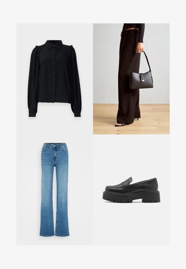 Bluză neagră cu mâneci lungi, cu nasturi în față, accente volan la umeri, textură moale și croială lejeră.; Cămașă neagră cu mâneci lungi, fabricată dintr-un material ribat. Dispune de un guler rotund și o siluetă ajustată. Design simplu, fără modele sau accente.; Jeans din denim albastru, cu talie înaltă și croială evazată, cu o textură netedă, cusături la buzunare frontale și margini brute la deschiderile largi ale picioarelor.; Loaferi negri din piele cu o talpă din cauciuc joasă și groasă, detalii cusute pe partea superioară și o textură netedă.; Genți negre cu o formă structurată, textură netedă și un închizător metalic. Asortată cu pantaloni negri largi și sandale cu vârf deschis pe un podea din lemn.