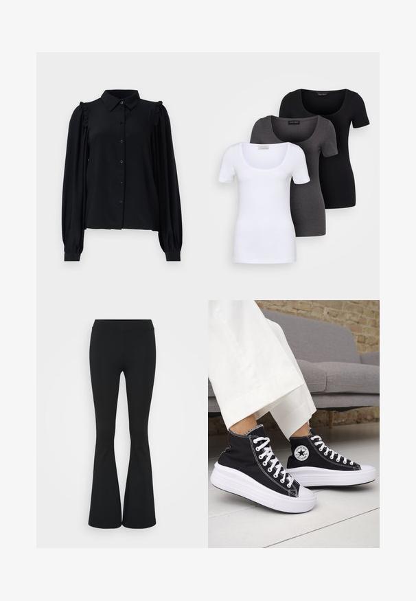 Svart langermet bluse med knappefront, rynkede skulderdetaljer, myk tekstur og avslappet passform.; Tre figurerte T-skjorter i hvit, grå og svart. Hver har en bred scoop-nakke og korte ermer. Laget av glatt, elastisk stoff.; Svarte flared bukser laget av elastisk stoff, med høy midje og en glatt tekstur. Buksene vidder ut fra kneet.; Svarte høye sneakers med hvite gummisåler og lisser. Har et rundt logo-merke og kontrasterende hvite sømmer. Laget av lerret.