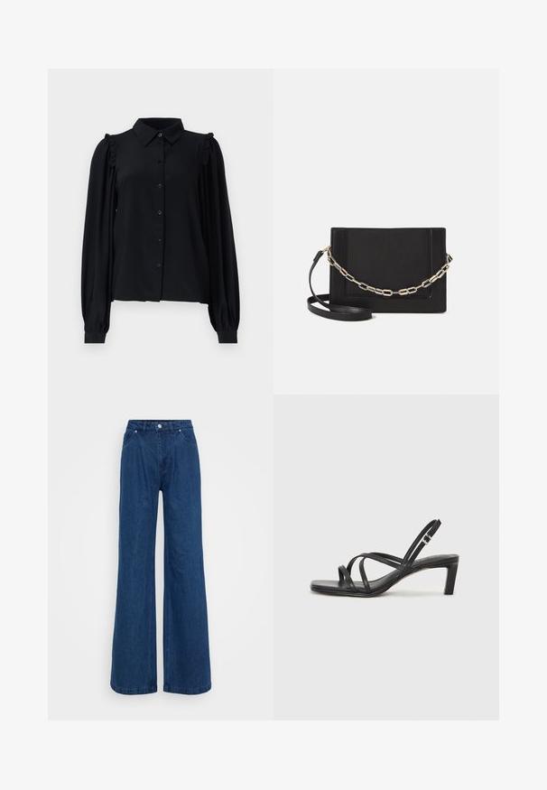 Juoda ilgarankovė palaidinė su saga užsegimu priekyje, raukšlėmis dekoruotais pečiais, minkšta tekstūra ir laisvu siluetu.; Mėlynos plačios džinsinio audinio kelnės su aukšta juosmens linija, priekyje mygtukas ir užtrauktukas, bei priekinės ir užpakalinės kišenės prieš paprastą foną.; Juodi šlepetės su kvadratiniu pirštu ir žemu bloku kulnu. Yra keli ploni dirželiai ir reguliuojamas kulkšnies diržas. Pagaminti iš lygios odos.; Juodas odinis per petį nešiojamas krepšys turi lygų paviršių, stačiakampio formą ir metalinę grandinėlę priekyje. Pridedama reguliuojama dirželis.; Sidabrinis dvigubas žiedas su lygiu, poliruotu paviršiumi. Pasižymi sklandžiu, kreiptu dizainu su persipinančiomis dalimis, suteikiančiomis modernų išvaizdą.