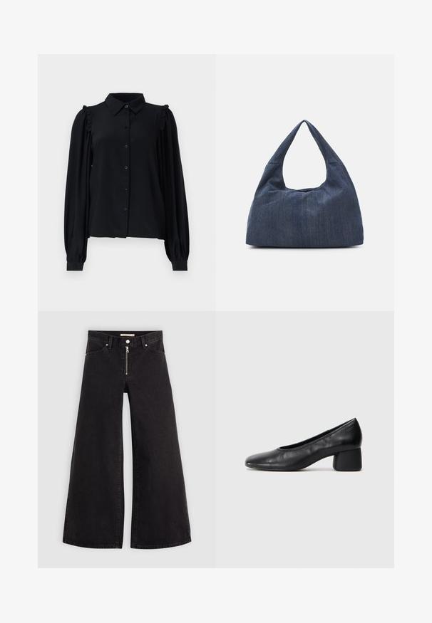 Svart langermet bluse med knappefront, rynkede skulderdetaljer, myk tekstur og avslappet passform.; Vide benbukser i sort denim med glidelås i front, fem-lomme design og subtile sømdetaljer. Glatt tekstur og avslappet stil.; Sorte lærpumps med rund tå og mellomstor blokkhæl. Glatt tekstur med minimalt med detaljer, og har en subtil elastisk åpning.; Mørkeblå denimveske med en myk, slapp form, som har en hobo-stil håndtak og en teksturert overflate. Ingen synlige maskinvaredetaljer.