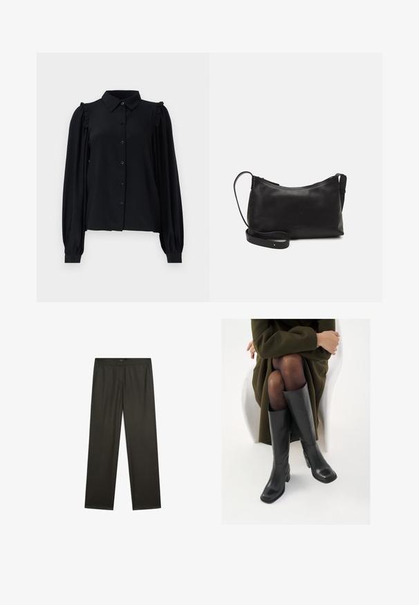 Schwarze Bluse mit langen Ärmeln, Knopfleiste auf der Vorderseite, Rüschendetails an den Schultern, weichem Material und lockerer Passform.; Dunkelgrüne, weit geschnittene Hosen mit glatter Textur, elastischem Bund und seitlichen Taschen. Schlichtes Design ohne sichtbare Muster oder Beschläge.; Knöchelhöhe schwarze Lederstiefel mit quadrater Spitze und Blockabsatz, gezeigt mit einem Modell, das einen olivgrünen Mantel trägt. Glatte Textur, minimale Details.; Schwarze Ledertasche für die Schulter mit glatter Textur, geschwungener Form, verstellbarem Tragegurt und Reißverschluss. Minimalistisches Design ohne Verzierungen.