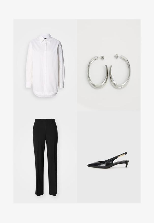 Fehér, galléros gombos ing, hosszú ujjakkal és kerekített aljjal. Pamutból készült, sima tapintással és finom varrási részletekkel.; Fekete, testhezálló nadrág egyenes szárú kivitelben, sima textúrával és éles redőkkel az elején. Nincs látható fémalkatrész.; Fekete bőr slingback magassarkúk, hegyes orral, vékony sarkakkal és arany színű részlettel a állítható pánton. Simа felület.; Ezüst karika fülbevalók sima, ívelt formával. Fényes fémes felülettel és tűs zárral rendelkeznek. Nincsenek látható minták vagy kiegészítők.