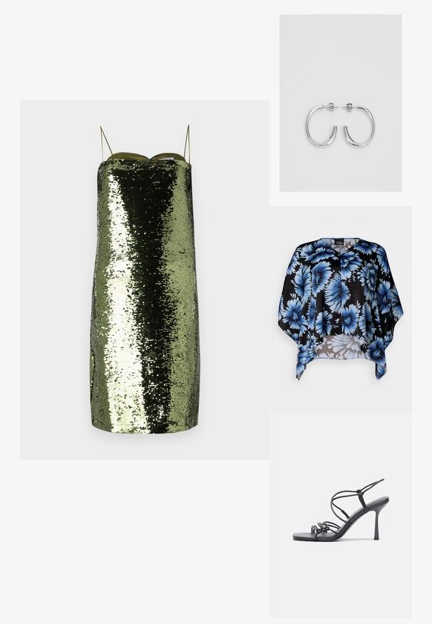 Fekete virágmintás köpeny nagy kék virágokkal, puha anyagból, laza szabással és V-nyakkivágással. Sima textúrával és áramló formával rendelkezik.; Zöld flitteres ruha egyenes szabással, vékony állítható pántokkal, tükröződő textúrával és karcsú siluettel.; Fekete magas sarkú szandálok vékony pántokkal, csomózott mintával, sima négyzetes orral és karcsú stiletto sarkal rendelkeznek.; Ezüst karika fülbevalók sima, fényes felülettel. Lekerekített forma, könnyű kialakítással, tűs zárómechanizmussal.