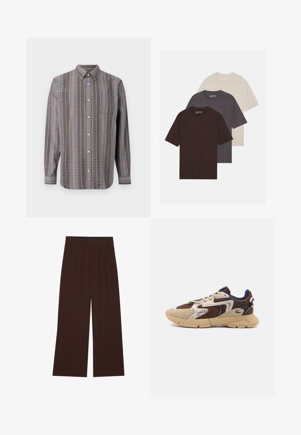 Ilgām piedurknēm pogājama krekla ar brūnu, baltu, zilu un purpursarkanu svītru rakstu un priekšējo kabatu uz balta fona.; YOURTURN UNISEX 3 PACK BASIC OVERSIZED T-SHIRT - Pamata T-krekls - dark brown/off-white/dark grey; Brūni plaša kāju bikses ar krokām. Izgatavotas no gluda auduma, ar pielāgotu jostas vidi un sānu kabatām. Lietus piegriezums apakšā.; Beige un brūni sneakeri ar teksturētām režģu paneļiem, zamšādas akcentiem un gumijas zoli. Iezīmes auklu dizains un zīmola detaļas.