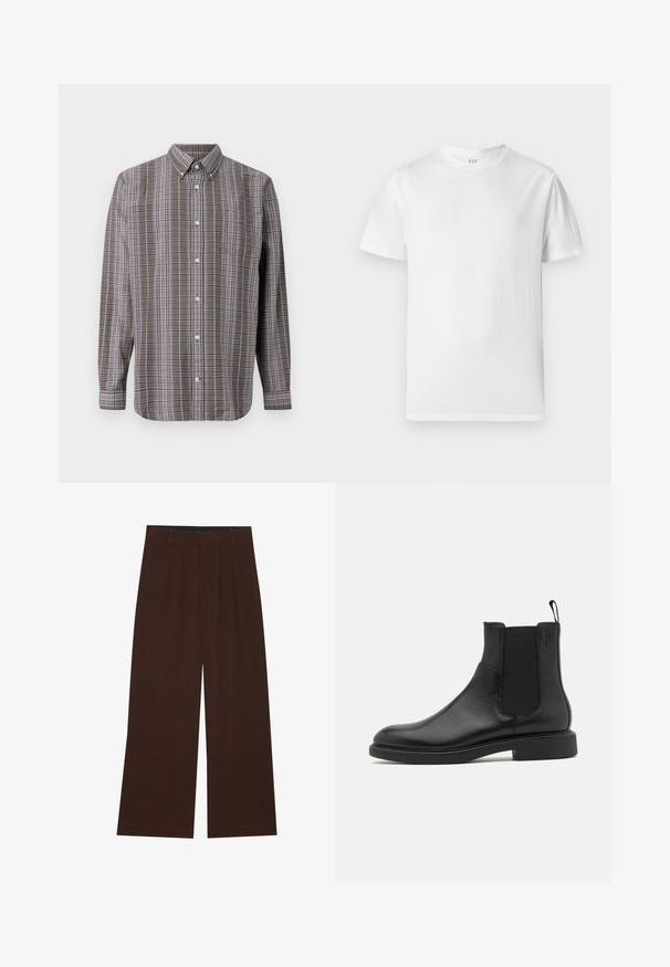 Pikad varrukad ja nööpidega särgid pruun, valge, sinine ja lilla ruuduline muster ning esitasku valgel taustal.; Valge lühikeste varrukatega T-särk, mis on valmistatud pehmest puuvillast. Omab ümmargust kaelust ja sirget äärt, millel on minimaalne detailitunne.; Pruunid laiad püksid voldikutega. Valmistatud siledast kangast, millel on kohandatud vöökoht ja küljetaskud. Tasane äär all.; Must musta nahkasaapad sujuva pinnaga, elastsete külgpaneelidega ja tõmblukuga. Ümmargune varvas ja lamedad kummist tallad, millel on minimaalne kulumus.