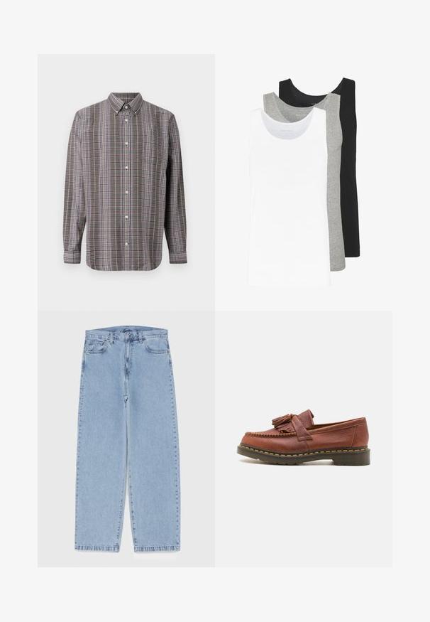 Camisa de botones de manga larga con un patrón de cuadros en marrón, blanco, azul y púrpura, y un bolsillo en la parte delantera sobre un fondo blanco.; Tres camisetas sin mangas en blanco, gris y negro. Cada una presenta un diseño clásico sin mangas, fabricadas con un tejido de algodón ligero y con una textura acanalada.; Jean de mezclilla azul claro con diseño de pierna recta, con una cintura de altura media, cinco bolsillos y un cierre de botón y cremallera.; Mocasines de cuero marrón con acentos de borlas, superficie texturizada y costura amarilla en contraste a lo largo de la suela de goma negra. Vista lateral.