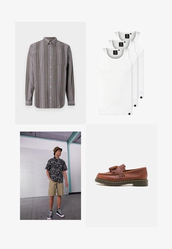 Chemise à manches longues à boutons avec un motif écossais marron, blanc, bleu et violet, et une poche avant sur fond blanc.; Trois débardeurs blancs côtelés en coton. Présentent un col rond et de petites étiquettes noires près de l'ourlet. Disponibles en plusieurs tailles.; Chemise à manches courtes noir et blanc avec motif de logo, shorts kaki et baskets montantes noires. Chapeau seau beige et cordons visibles.; Mocassin en cuir marron avec des accents de franges, surface texturée et coutures jaunes contrastantes le long de la semelle en caoutchouc noir. Vue de côté.