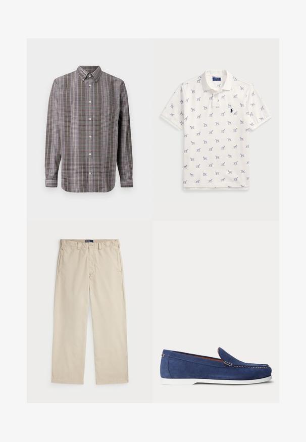 Langærmet skjorte med knaplukning i brun, hvid, blå og lilla ternet mønster og en brystlomme på hvid baggrund.; Hvid polo-shirt lavet af bomuld, med et gentaget blåt hundemønster og et lille blåt logo på brystet. Korte ærmer og krave.; Beige bomulds-chinos med lige ben design, der har en knaplukning og to forlommer. Glat tekstur og ensfarvet.; Marineblå loafers i ruskind med hvid gummisål, kontrastsyninger og slip-on design. Har en lille guldfarvet detalje på siden.