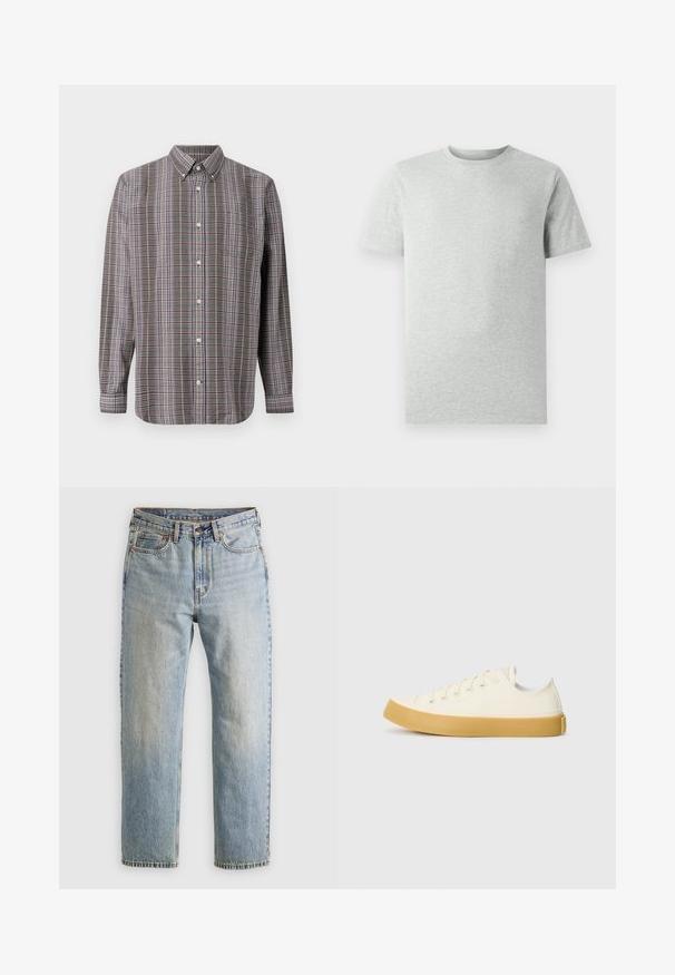 Pitkähihainen nappipaita, jossa on ruskea, valkoinen, sininen ja violetti ruudullinen kuosi sekä etutasku valkoisella taustalla.; Yksinkertainen vaalea harmaa lyhythihainen t-paita, jossa pyöreä kaula-aukko, esitetty valkoista taustaa vasten, edestä katsottuna ilman näkyviä logoja tai kuvioita.; Vaaleansininen farkut, joissa on korkea vyötärö, etunappi, vetoketju ja viisi taskua, asetettu tasaisesti neutraalille taustalle.; Kankava sneakers vaaleassa valkoisessa, pyöreällä varvalla, jossa on beiget kumipohjat ja viisi reikää nauhoille, teksturoitu pinta ylemmässä osassa.
