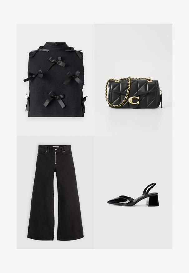 Top negru cu un material texturat, guler înalt și mai multe fundițe din satin negru cusute pe partea din față, creând un efect stratificat.; Jeans cu picioare largi din denim negru, cu fermoar în față, design cu cinci buzunare și detalii subtile de cusătură. Textură netedă și stil casual.; Pantofi cu toc slingback din piele lacuită neagră, cu vârf ascuțit și toc geometric. Prezintă un design elegant, minimalist și o textură netedă.; Poșeta neagră din piele matlasată cu o curea din lanț auriu și un închizător cu toggle care are un accent circular. Formă compactă și rectangulară.